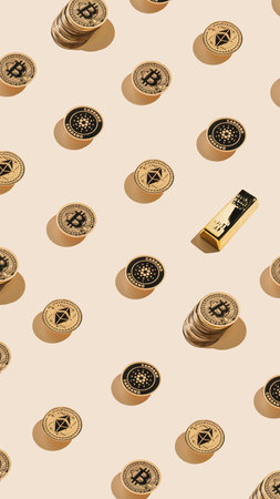 Pattern made with golden bitcoins and one golden bar on pastel beige background. Creative...