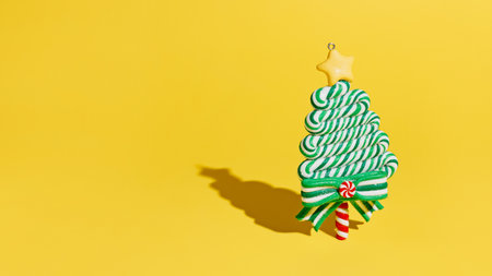 Creative Christmas composition with fir tree on vivid yellow background. Minimal Xmas or New Year celebration concept. Elegant winter holidays banner with copy space.の写真素材