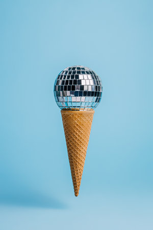 Party composition with ice cream cone and shiny disco ball on pastel blue background. Creative birthday or Christmas celebration concept. Minimal sweet food surreal advertisement idea.の写真素材