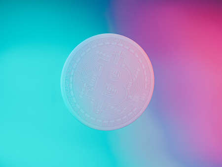 Bitcoin flying in the air on iridescent neon vaporwave background. Creative cryptocurrency or...