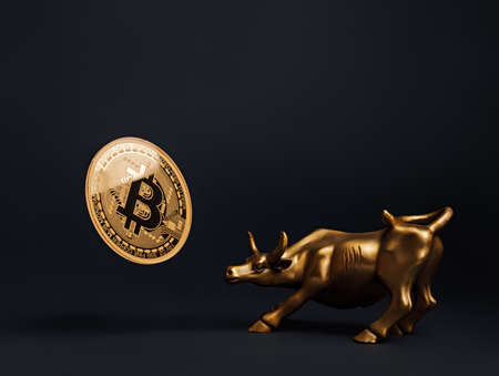 Golden bitcoin flying out in the air with gold bull against black background. Creative cryptocurrency or blockchain concept. Financial market, digital gold money, IT technology and stock business.の写真素材