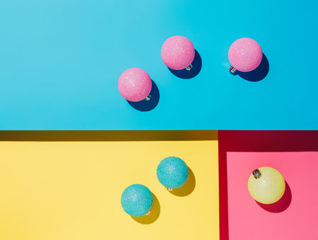 Surreal Christmas composition with  decorative bauble ornaments on tri-tone vibrant background. Creative Xmas or New year festive concept. Contemporary abstract backdrop with trend shadows. Flat lay.の写真素材