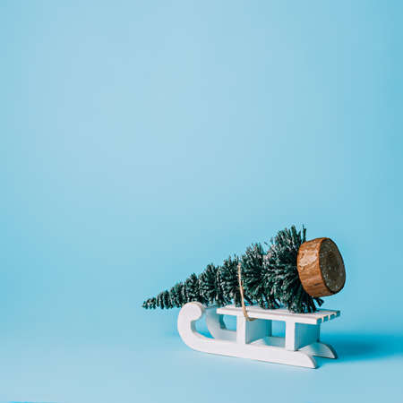 Christmas tree on a wooden sled on a blue background with copy spaceの写真素材