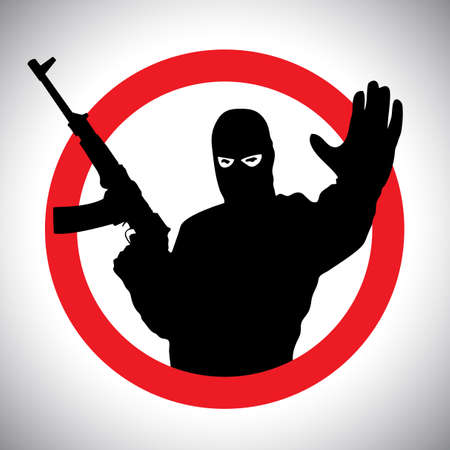 Prohibitory signs silhouette of military man with his hand raised and a gun.