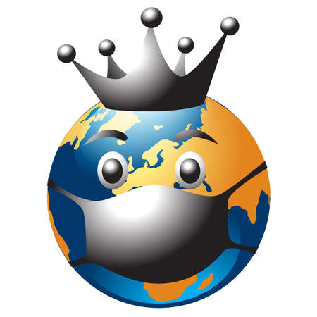 Globe in antiviral medical face mask and crown. Fun vector cartoon character illustration. Isolated on white background.のイラスト素材