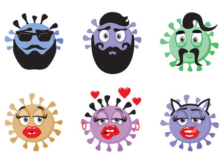 Funny coronavirus Covid 19 set. Vector flat style cartoon character illustration. Isolated on white background. Virus icon.のイラスト素材