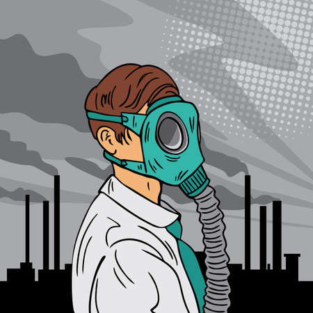 A man in a gas mask on a background of smoke from the chimneys of the plant. Bad ecology. Comic style illustration.のイラスト素材