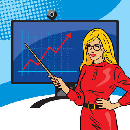 Distance education, trainings. A woman with a pointer shows a graph on the monitor. Online school.のイラスト素材