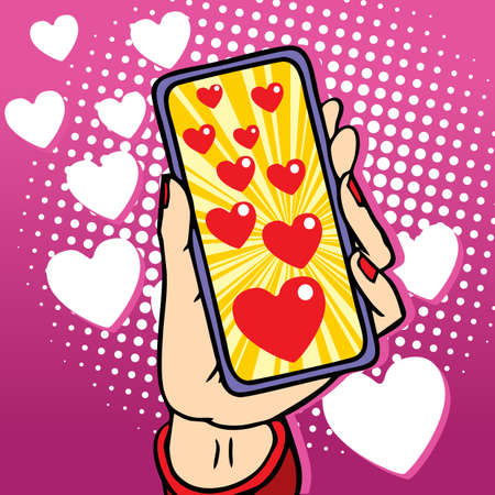 Female hand holds smartphone with hearts in hands. Likes in social networks, high rating. Like time.のイラスト素材