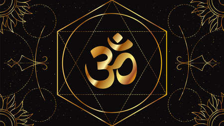 Om or Aum is a symbol of the sacred Hindu sound, the mother of all mantras. Magical sign of golden color on a black background with geometric ornament.のイラスト素材