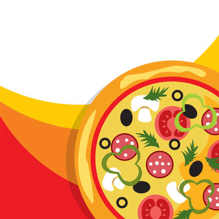 Flat illustration of pizza. Square flyer with empty place for text.のイラスト素材