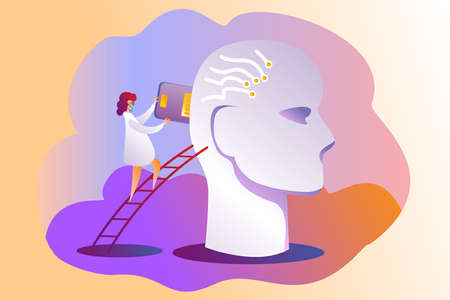 A woman scientist inserts a chip into her head. Artificial intelligence, microchipping,...