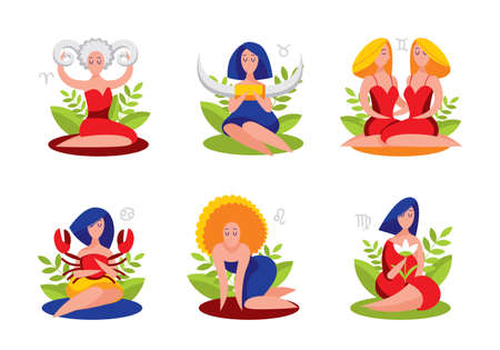 Zodiac signs, women in the form of zodiac symbols, isolated on white. Cartoon colorful style.のイラスト素材