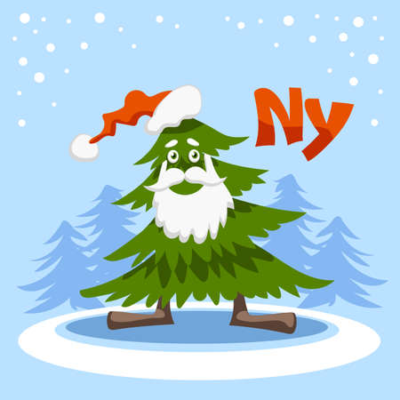 Funny Christmas tree in cartoon style. New Year Spruce with Santa Claus beardのイラスト素材