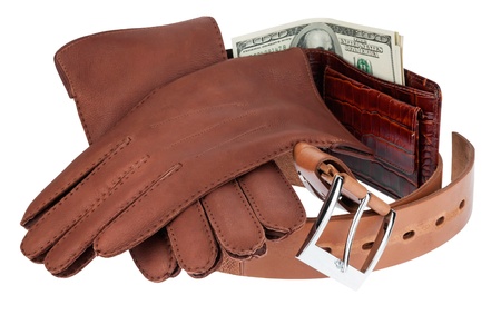  wallet,money, belt and gloves isolated on white backgroundの写真素材