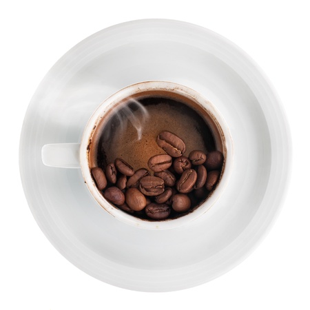 Conceptual photo of brewed coffee and beans, isolated on white backgroundの写真素材