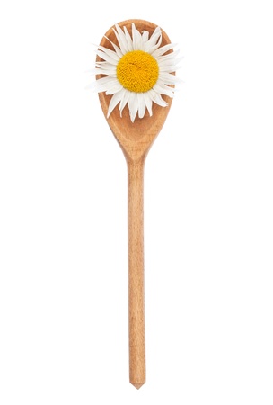 Wooden spoon with chamomile isolated on a white backgroundの写真素材
