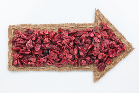 Pointer of  burlap with dried  cranberry , on a white backgroundの写真素材