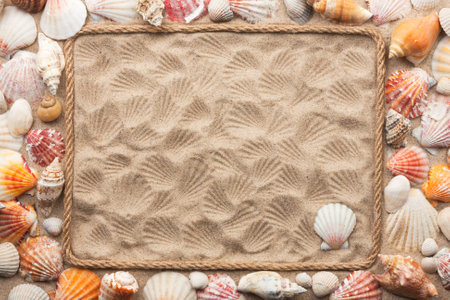 Beautiful frame of rope and sea shells on the sand, with place for your image, textの写真素材