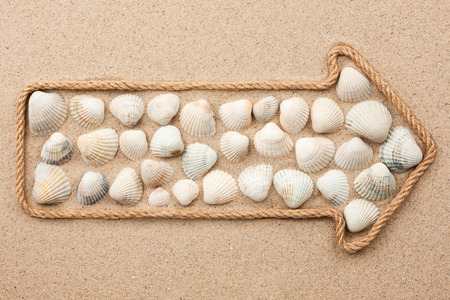 Pointer made of rope with sea shells, lying on the sandの写真素材