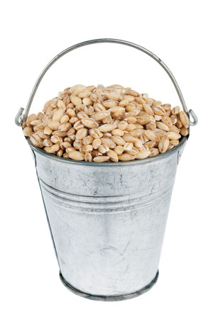 Bucket with  pearl barley, isolated on white backgroundの写真素材