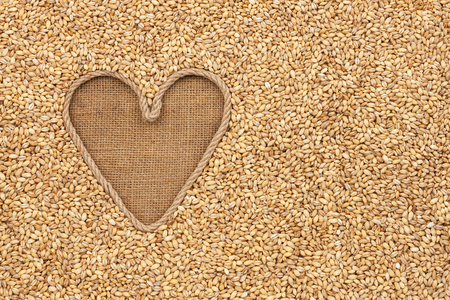The symbolic heart made of rope lies on sackcloth and pearl barley grains, with space for your textの写真素材