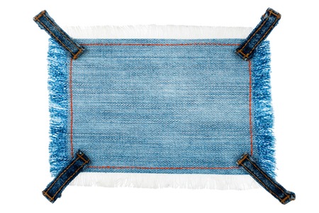 Frame, tag made of denim fabric with four straps with space for your text, isolated on white...
