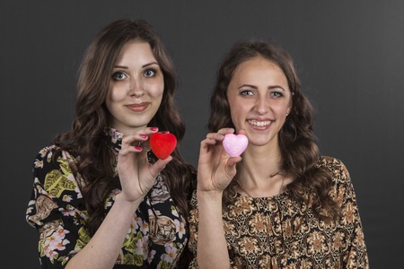 Smiling girlfriends show heart. Conceptの写真素材