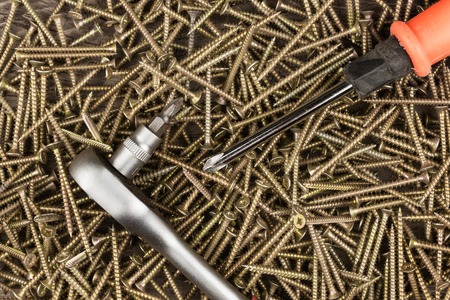 Two screwdrivers lying on a pile of screws. View from aboveの写真素材