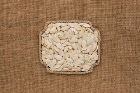 Frame made of rope with a whole, ripe pumpkin grain. With space for design, text place. Top viewの写真素材
