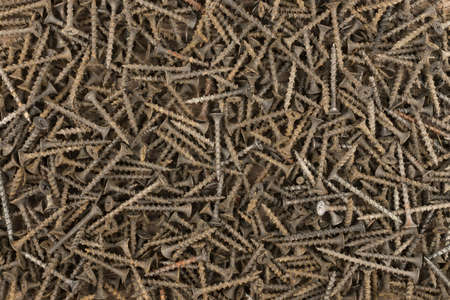 Screws made of steel, metal screw, iron screw, wood screw. Screws as a background. Top viewの写真素材