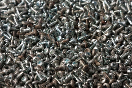 Tapping screws made of steel, metal screw, iron screw, wood screw. Screws as a background. Top viewの写真素材
