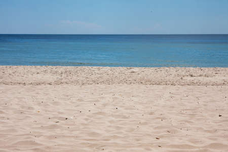Tropical beach view. Calm and relaxing empty beach scene, blue sky and white sand. No peopleの写真素材