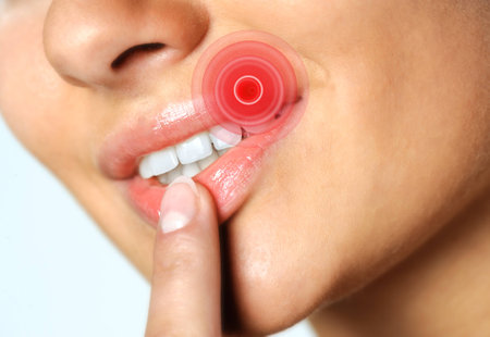 Macro of young model touching lips with finger cold sore virus herpes concept