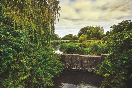 Beautiful English countryside. Stunning landscape over English countryside landscape in Summer sunset. Pond.の写真素材