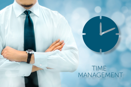 Time management and deadline concept. Businessman silhouette in bacground. Manager thinks about upcoming project deadline.の写真素材