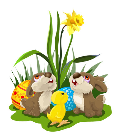 two rabbits and a chick looking at yellow flower, with colorful easter eggs. Vector illustration.のイラスト素材