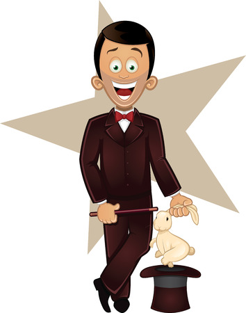 Cartoon vector illustration of magician character holding magic wand with rabbit out of a hatのイラスト素材