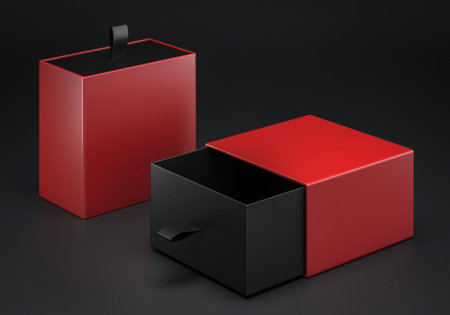 Package blank Sliding drawer red maroon and black color Cardboard Box mockup for corporate branding. 3d renderの写真素材