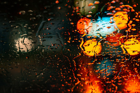 wet glass in defocused night city reflection bokeh effect blurred backgroundの写真素材