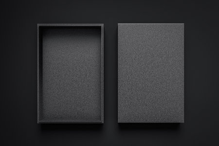 black craft cardboard Gift Box Mockup for branding and identity - open flat lay top view isolated on...