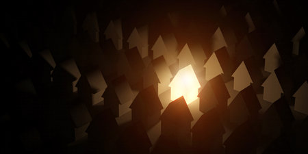 Bright cozy lighting house between other dark houses, Hunting, searching and choosing new house minimal concept. exception, stand out from the crowd concept Panoramic banner, 3D Renderの写真素材