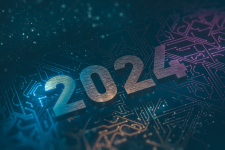 2024 digits on circuit board wire lines shine over dark background design. High technology new 2024 year greeting card concept. 3d renderの写真素材