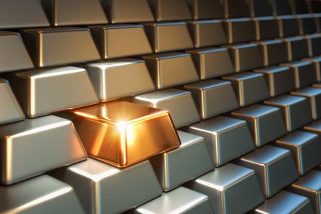 Gold bullion among silver. A lot of stacked silver ingots bars and one gold ingot brick. Exception concept, One not like other. 3d renderの写真素材