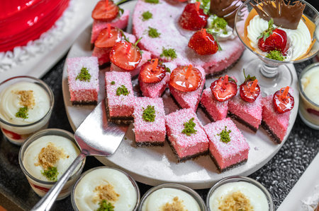 Sweet pastry food in the open buffet in Turkey. Many varied cakes in traditional turkish style. All inclusive and overweight concept. Selected focus, shallow DOFの写真素材