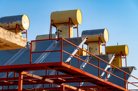 solar panels and solar water heater boiler tanks on rooftop close up shot, blue sky background