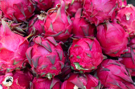 Dragon fruit, pitaya in street market stand. Thailand exotic fruitの写真素材