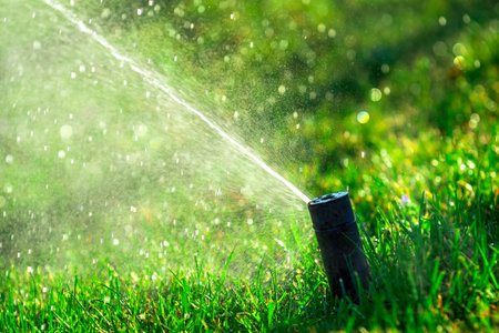 automatic Sprinkler irrigation grass in garden on sun rim backlight.  Watering the lawn. The gushing of lawn. Soft focusの写真素材