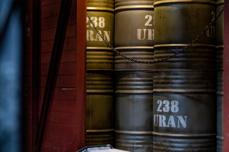 Barrels of oil on a shelf in a shop window.