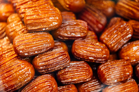 Dried dates as background. Close-up macro shot of dried dates.の写真素材
